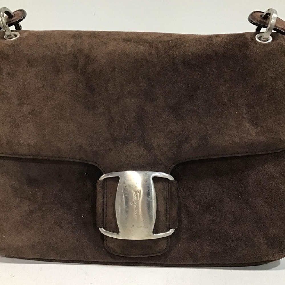 🤎 VTG Salvatore Ferragamo Chocolate Brown Suede Flap Shoulder Bag - Picture 2 of 5
